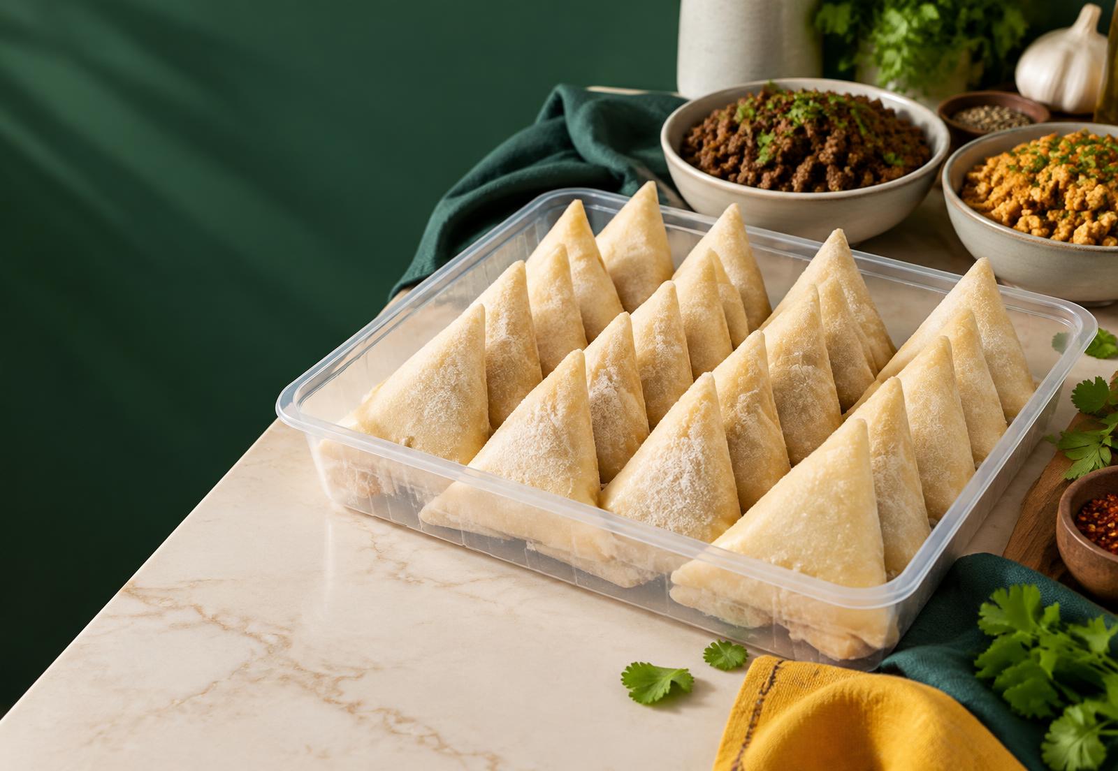 A tray of Chilly Tray frozen samosas